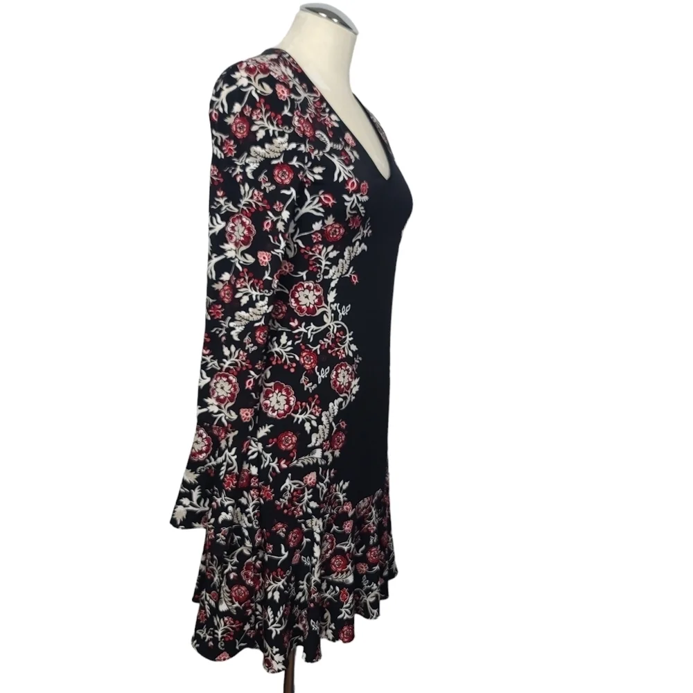 White House Black Market V Neck Black Red White Floral Long Sleeve Dress XS - Picture 2 of 7